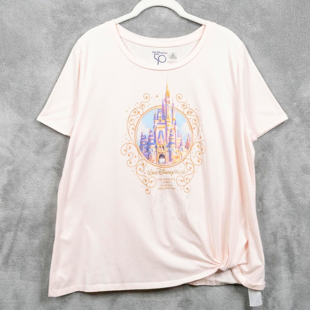 DISNEY 50th Anniversary Magic Kingdom Castle Side Knot Graphic Tee Pink Sz XL